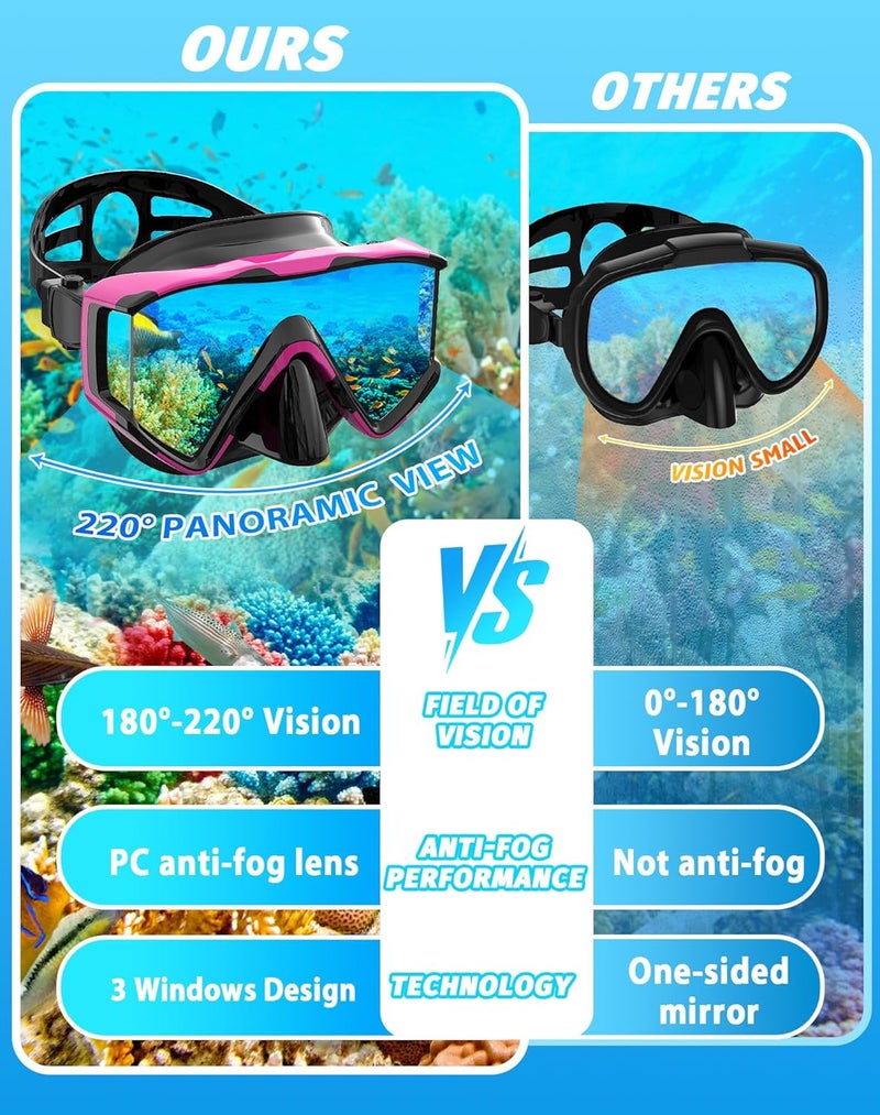 Greatever Snorkel Set Pano 3 Window Snorkel Mask Adult, Panoramic Wide View, Anti-Fog Scuba Diving Mask, Anti-Leak Snorkel Goggles Dry Top Snorkel, Professional Snorkeling Gear for Adults - Image 4